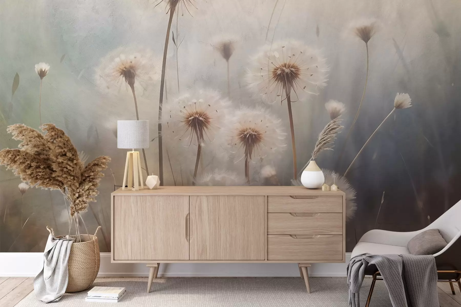 Fototapet Maskrosblommor i mjukt fokus på ett fält, med en suddig pastellfärgad texturerad bakgrund w08432