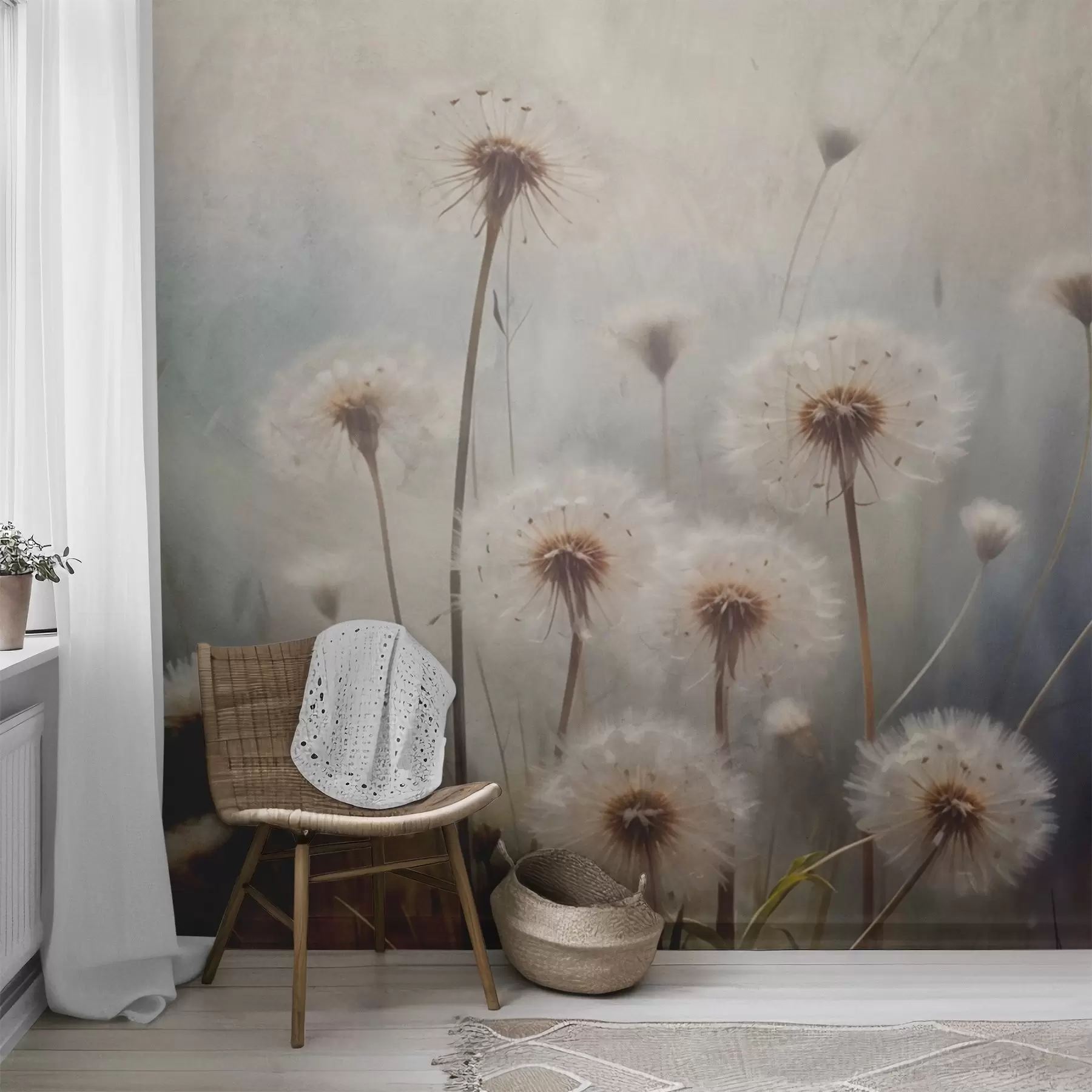Fototapet Maskrosblommor i mjukt fokus på ett fält, med en suddig pastellfärgad texturerad bakgrund w08432