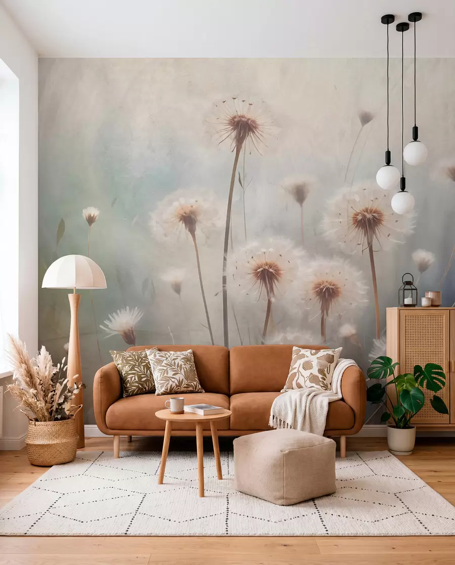 Fototapet Maskrosblommor i mjukt fokus på ett fält, med en suddig pastellfärgad texturerad bakgrund w08432