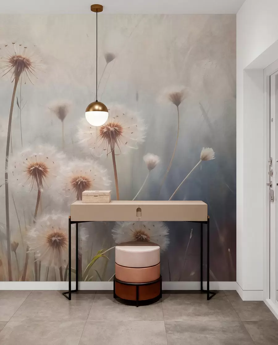 Fototapet Maskrosblommor i mjukt fokus på ett fält, med en suddig pastellfärgad texturerad bakgrund w08432