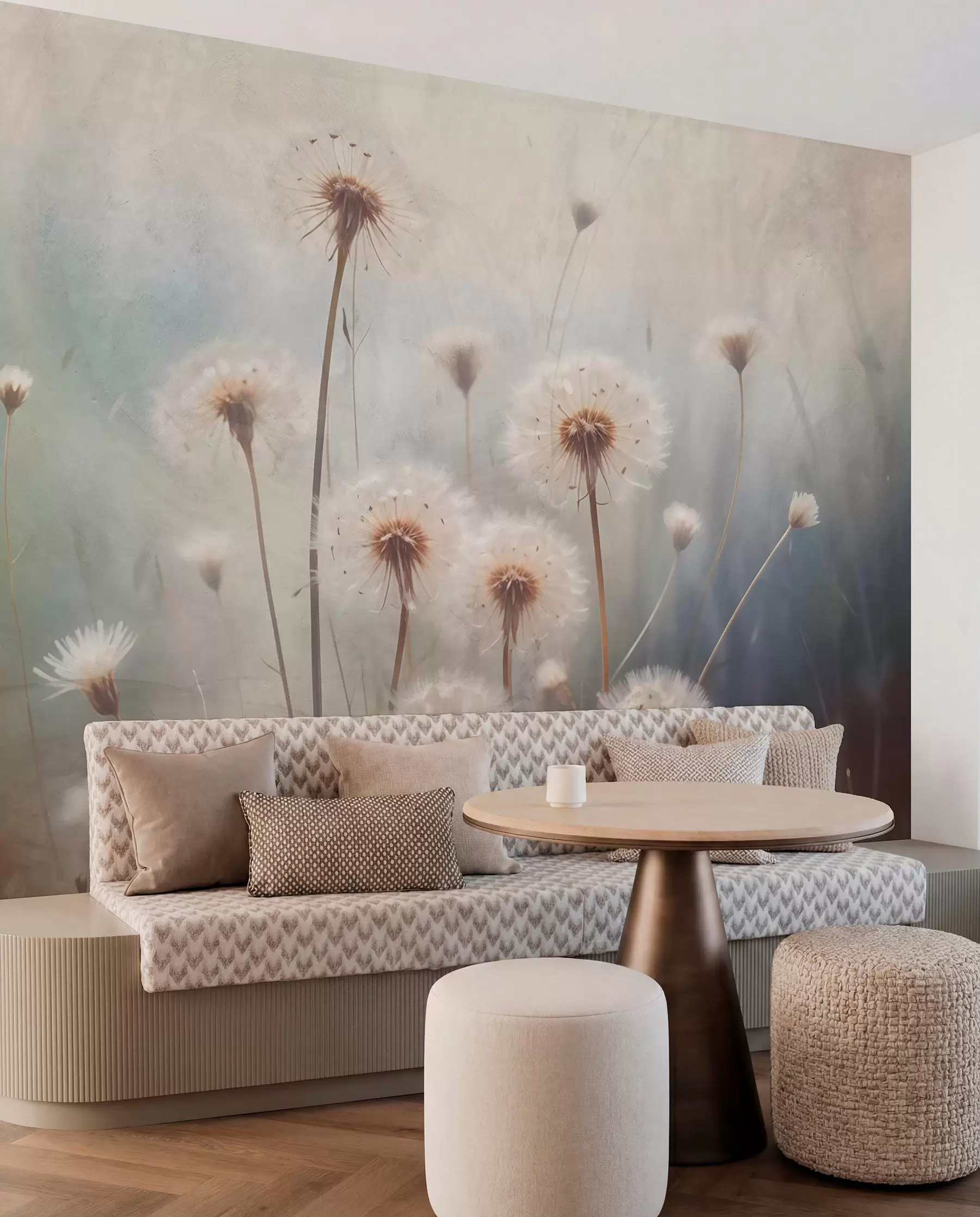 Fototapet Maskrosblommor i mjukt fokus på ett fält, med en suddig pastellfärgad texturerad bakgrund w08432