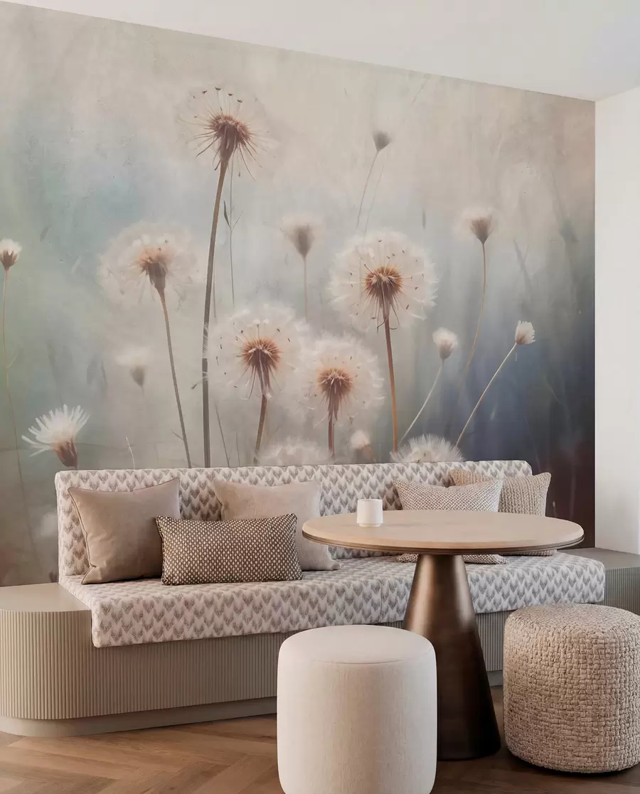 Fototapet Maskrosblommor i mjukt fokus på ett fält, med en suddig pastellfärgad texturerad bakgrund w08432