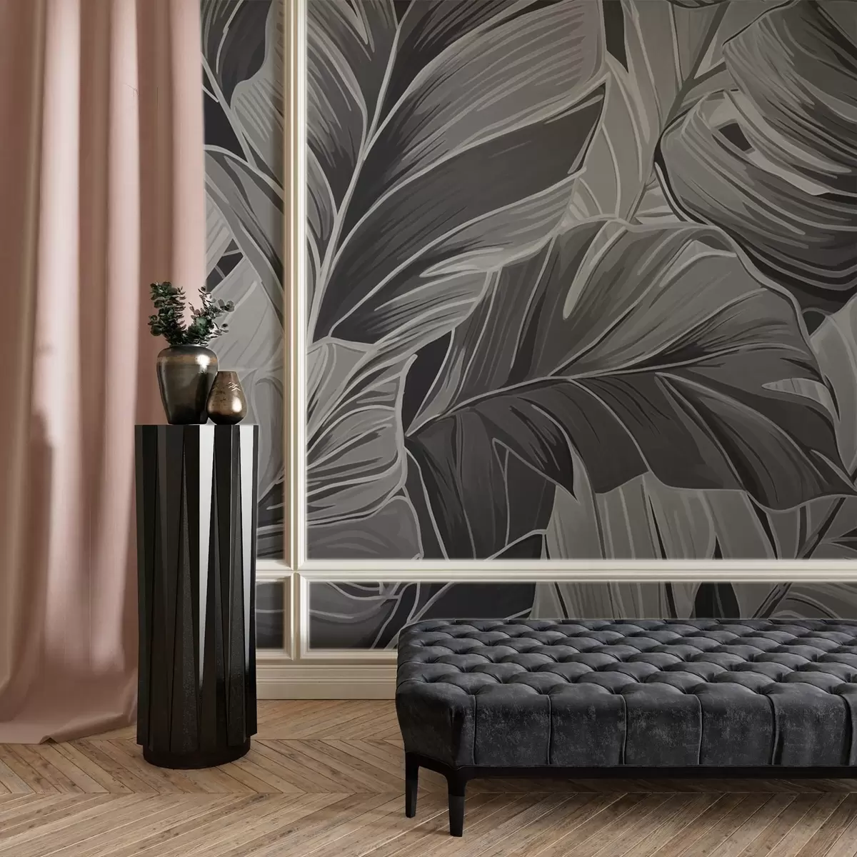 Fototapet Monokromt svartvitt tropiskt bladverk w02261