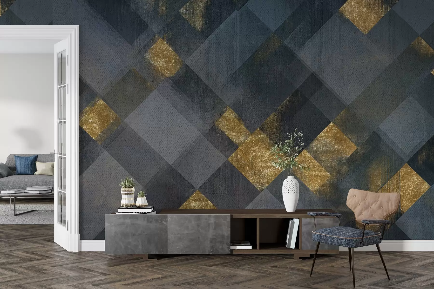 Fototapet modern geometri i en lyxig stil med en blå nyans w02340
