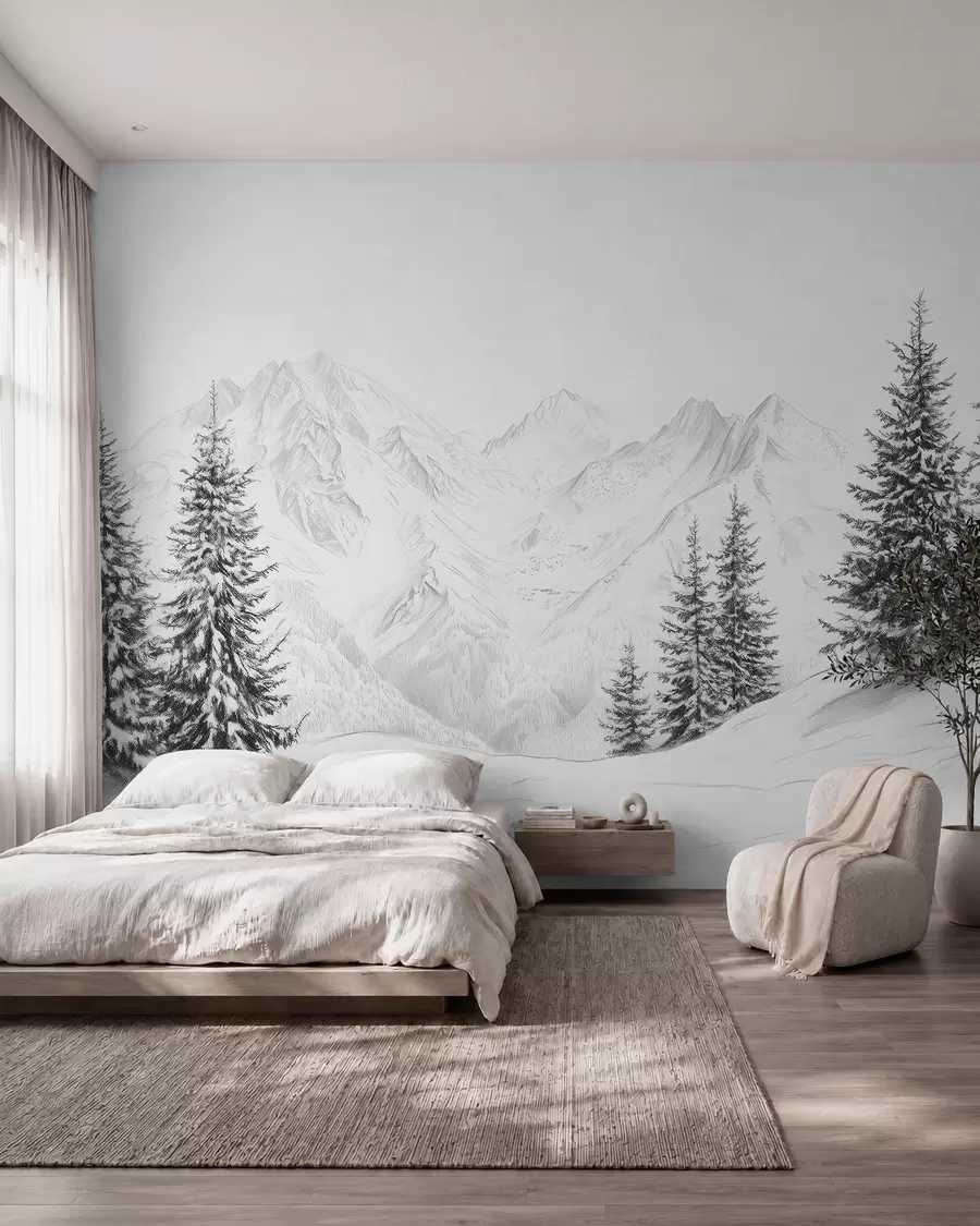 Fototapet Snöiga berg, blyertsteckning, minimalism, skog, natur w02351