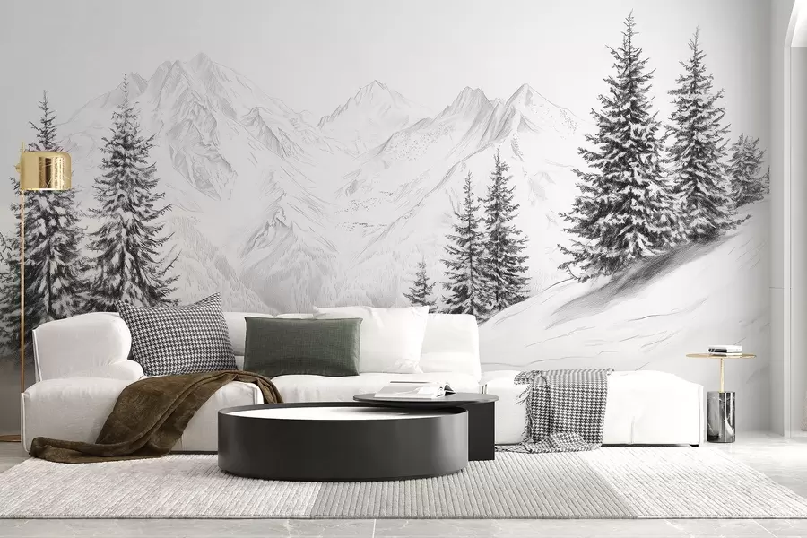Fototapet Snöiga berg, blyertsteckning, minimalism, skog, natur w02351