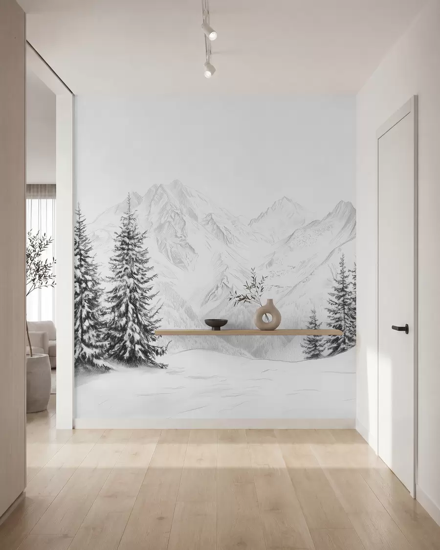 Fototapet Snöiga berg, blyertsteckning, minimalism, skog, natur w02351