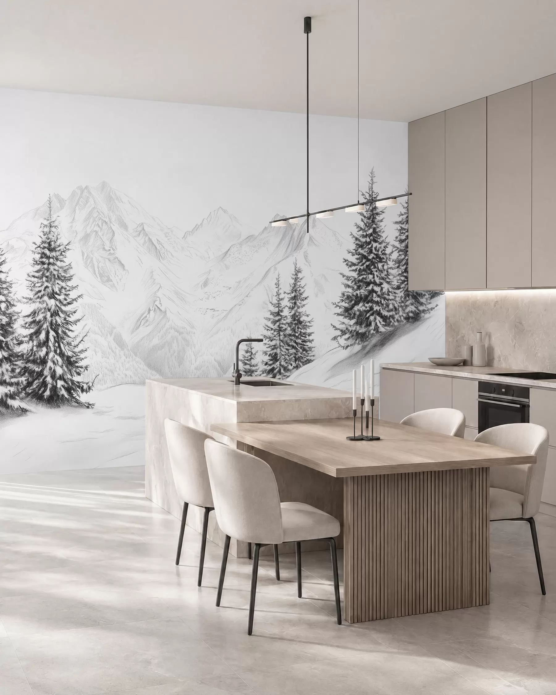 Fototapet Snöiga berg, blyertsteckning, minimalism, skog, natur w02351