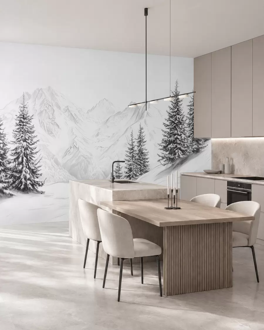 Fototapet Snöiga berg, blyertsteckning, minimalism, skog, natur w02351