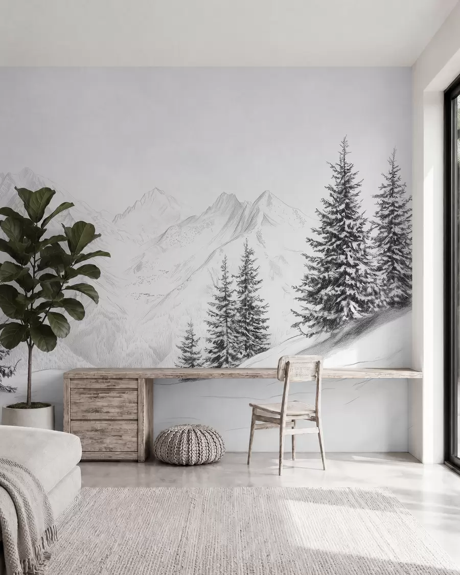 Fototapet Snöiga berg, blyertsteckning, minimalism, skog, natur w02351