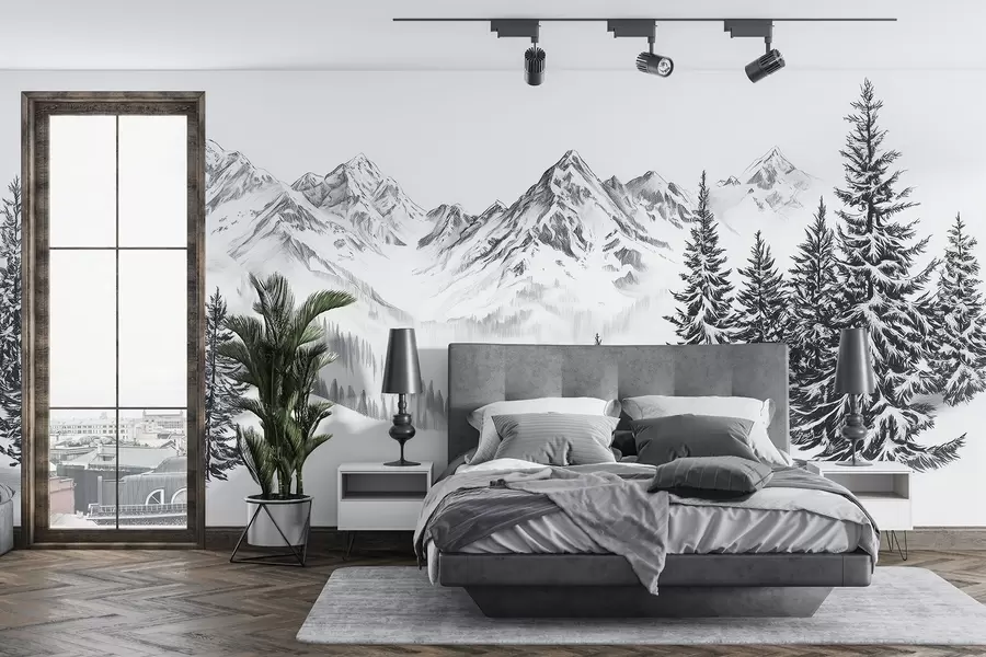 Fototapet Alpina berg i snön, blyertsstil, minimalism w02352