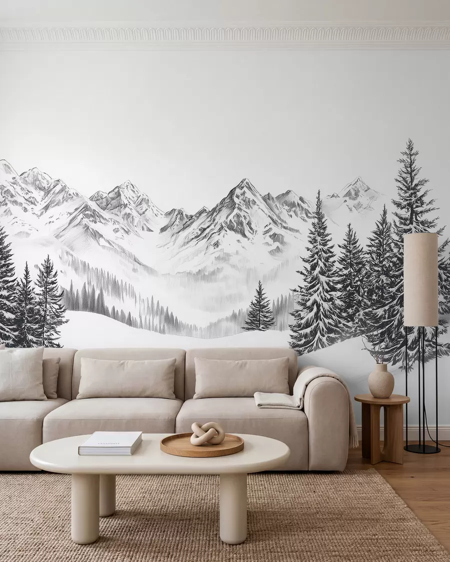 Fototapet Alpina berg i snön, blyertsstil, minimalism w02352
