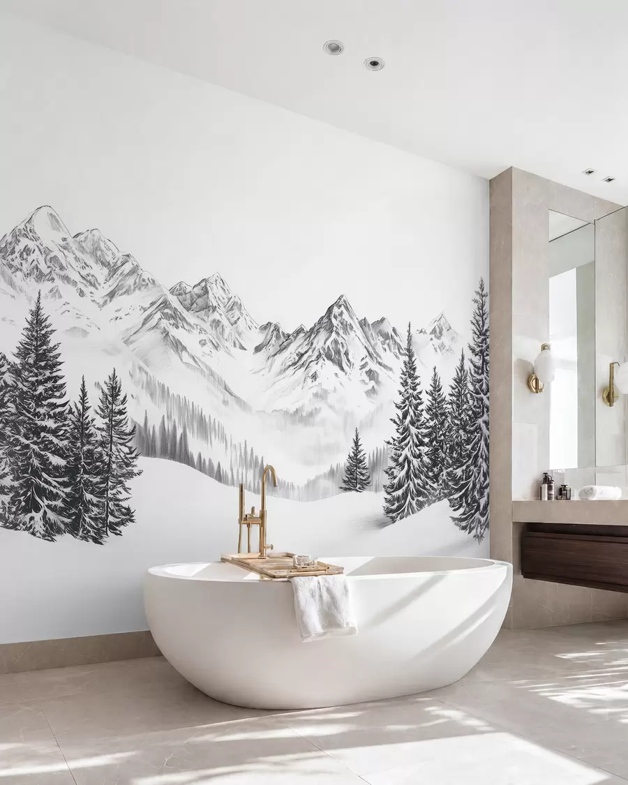 Fototapet Alpina berg i snön, blyertsstil, minimalism w02352
