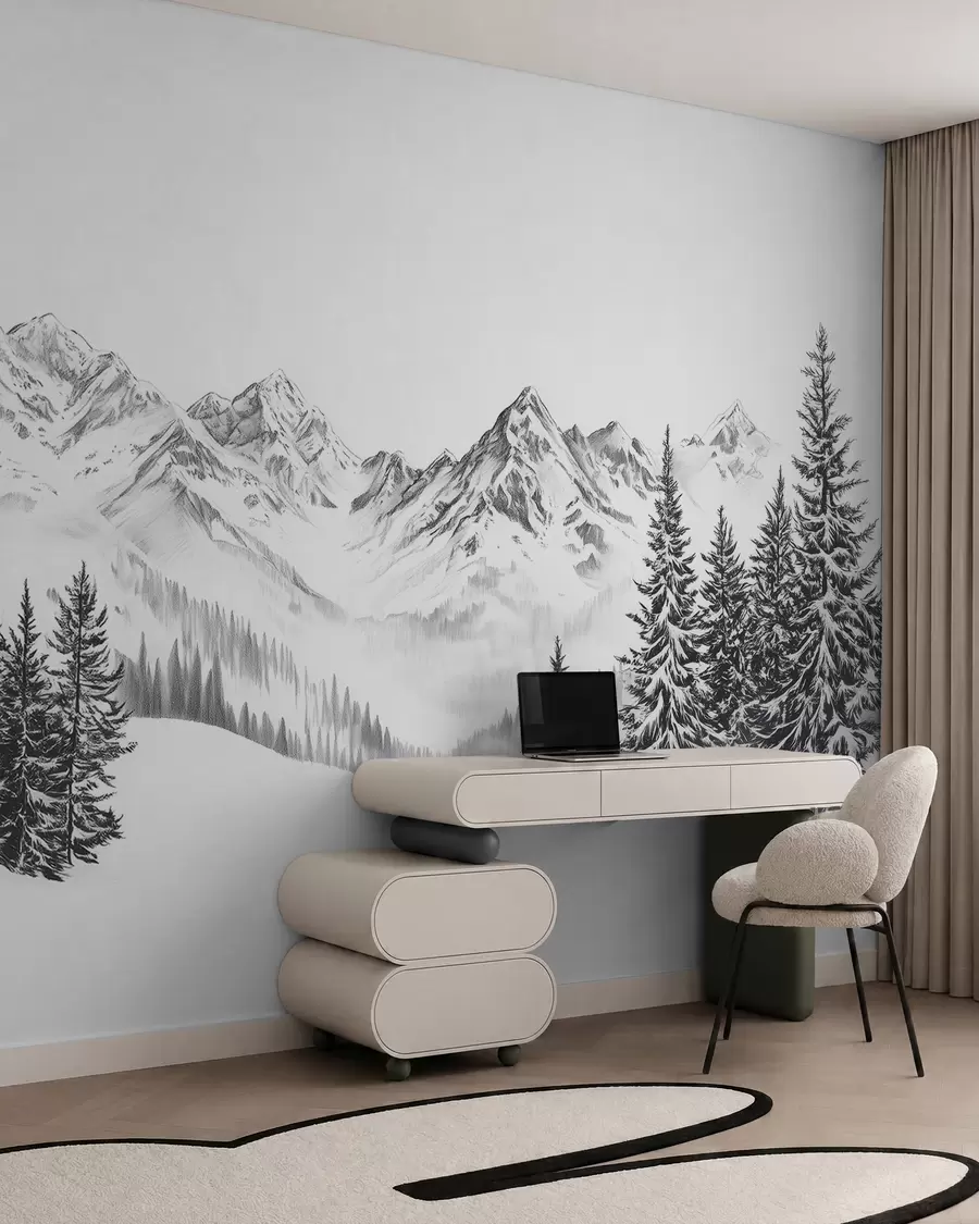 Fototapet Alpina berg i snön, blyertsstil, minimalism w02352