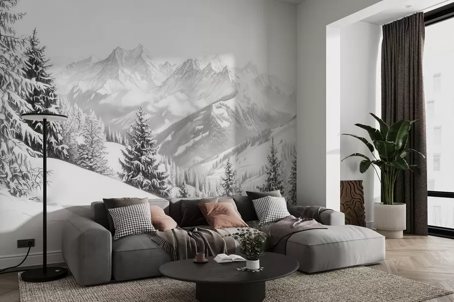Fototapet Vinter i bergen, skog, Alperna, teckning i blyertsstil, naturlandskap w02353