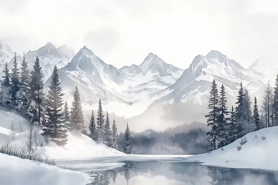 Fototapet Berg med sjö, vinter, skog, solnedgång, himmel, natur w02357