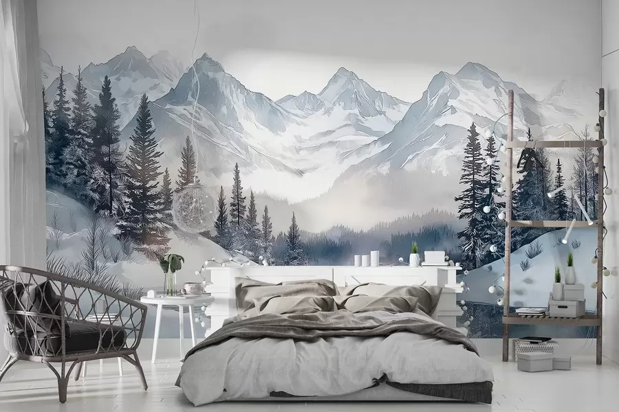 Fototapet Berg med sjö, vinter, skog, solnedgång, himmel, natur w02357