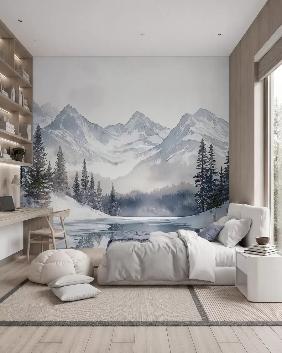 Fototapet Berg med sjö, vinter, skog, solnedgång, himmel, natur w02357