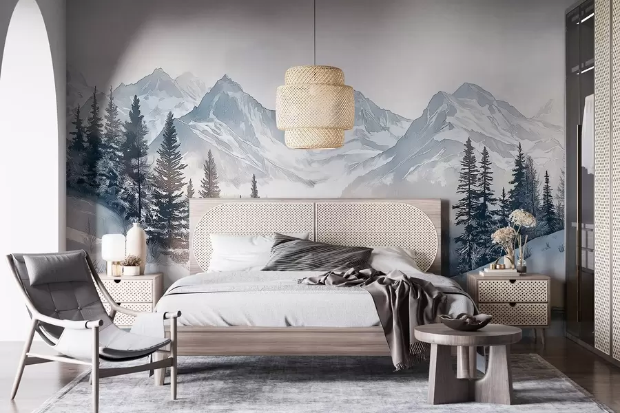 Fototapet Berg med sjö, vinter, skog, solnedgång, himmel, natur w02357