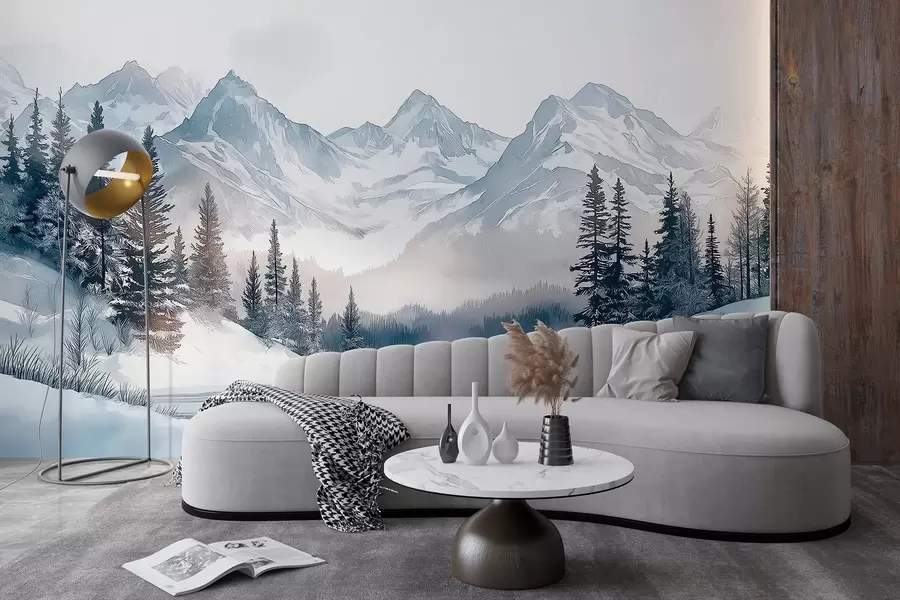 Fototapet Berg med sjö, vinter, skog, solnedgång, himmel, natur w02357