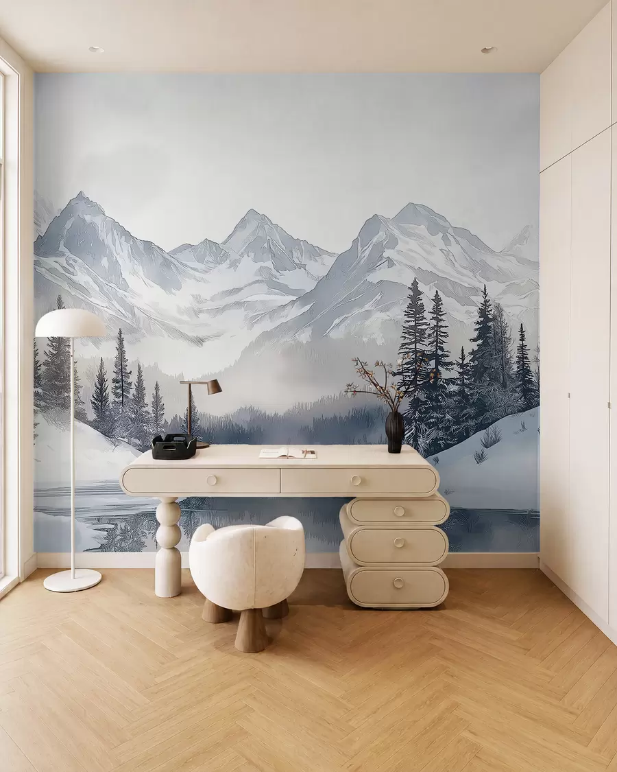 Fototapet Berg med sjö, vinter, skog, solnedgång, himmel, natur w02357