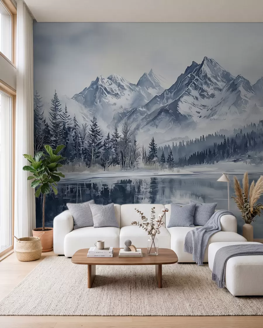 Fototapet Snöig skog och bergstoppar w02358
