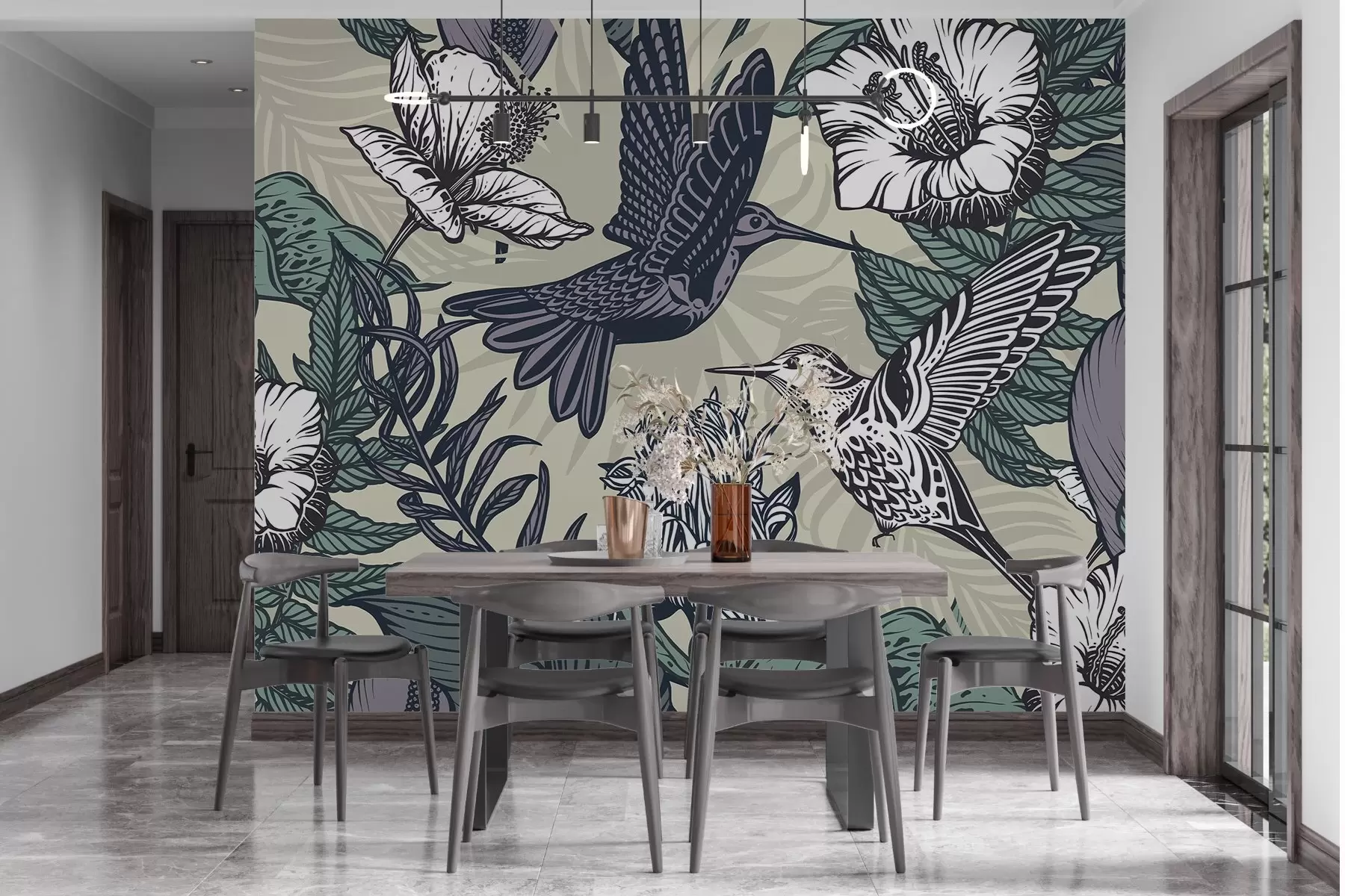 Fototapet Kolibrier och blommande blommor w02362