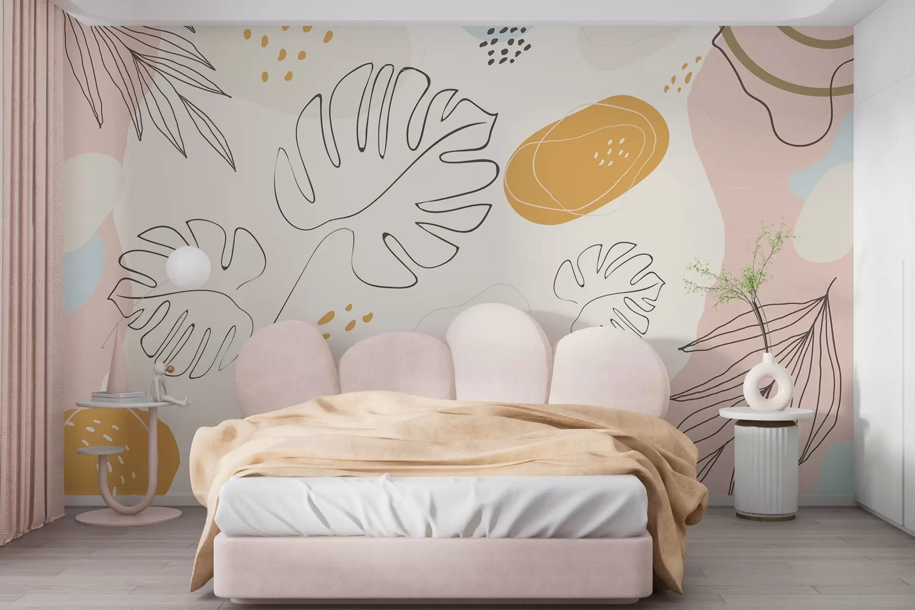 Fototapet Boho-design med blad och figurer i pastellfärger w02322