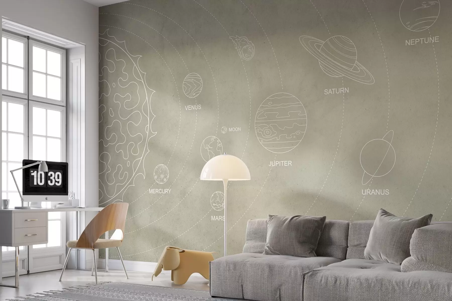 Fototapet Solsystem i minimalistisk stil på en sval beige texturerad bakgrund w02344