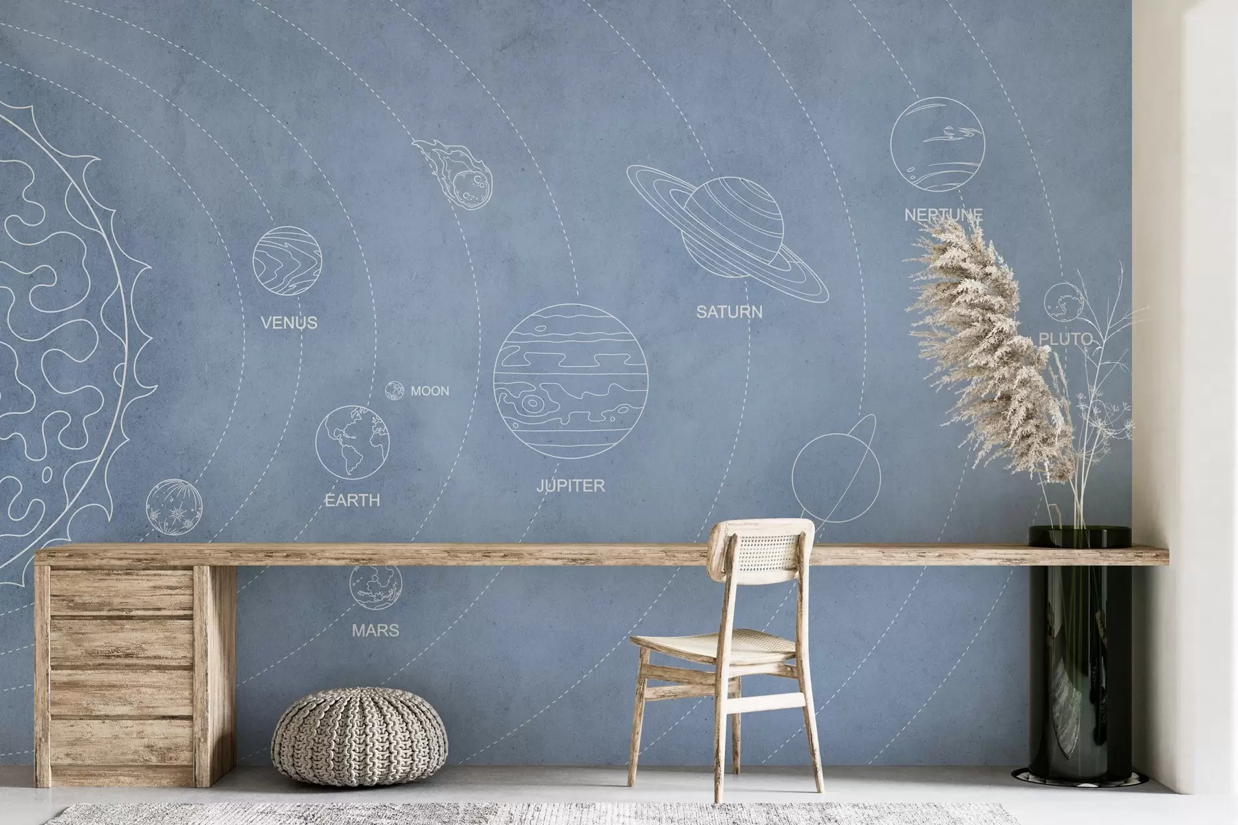 Fototapet Solsystem i minimalistisk stil på en blå texturerad bakgrund w02344v1