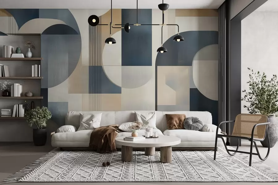 Fototapet Art Deco tapet med ett geometriskt mönster i blått, beige och mjölkiga nyanser w02346