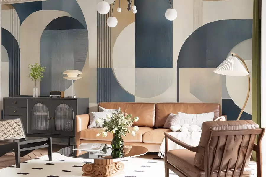 Fototapet Art Deco tapet med ett geometriskt mönster i blått, beige och mjölkiga nyanser w02346