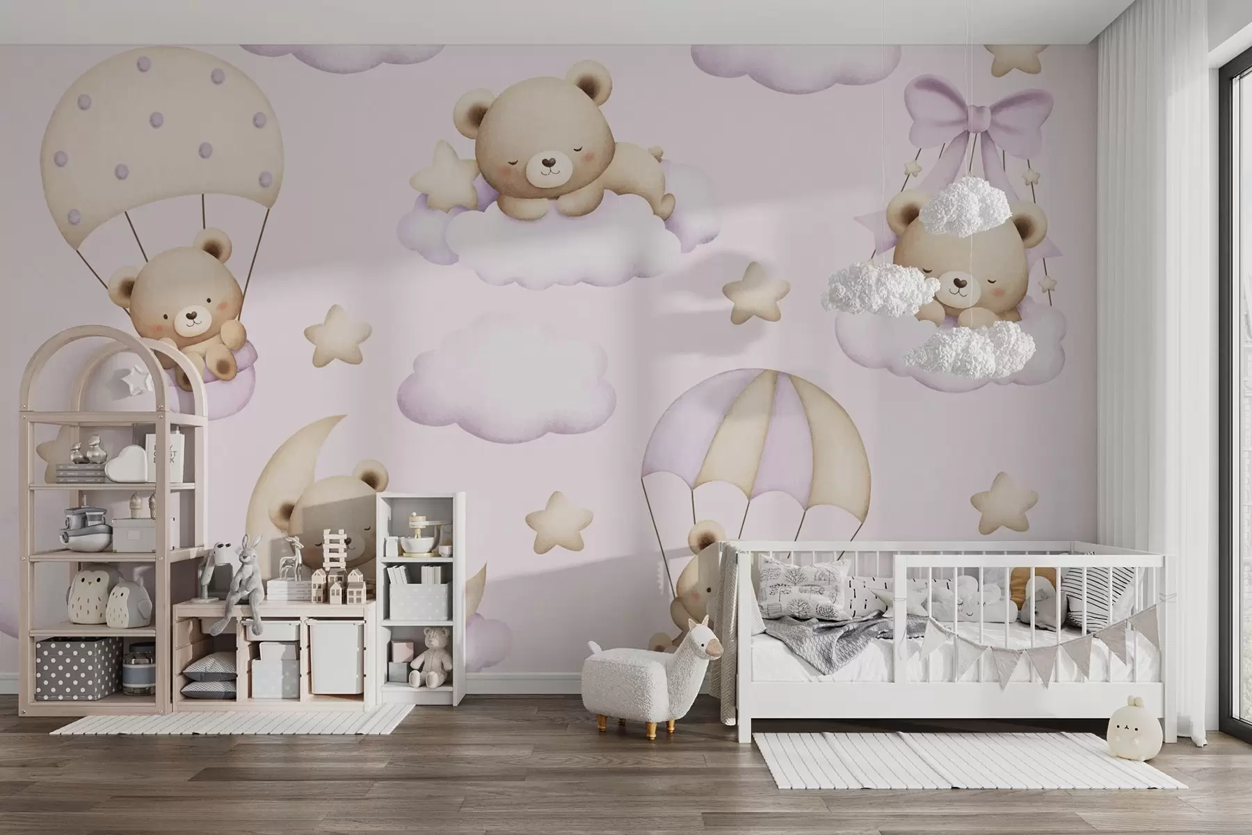 Fototapet Björnar i fallskärmar och moln på en rosa bakgrund w02385v1