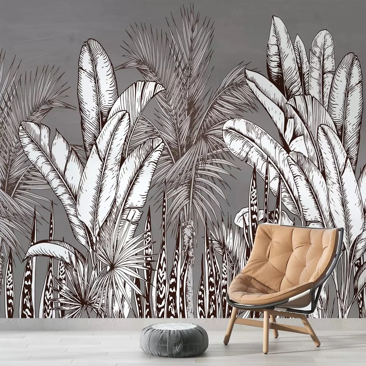 Fototapet Mönster med tropiska blad på en grå bakgrund w02299