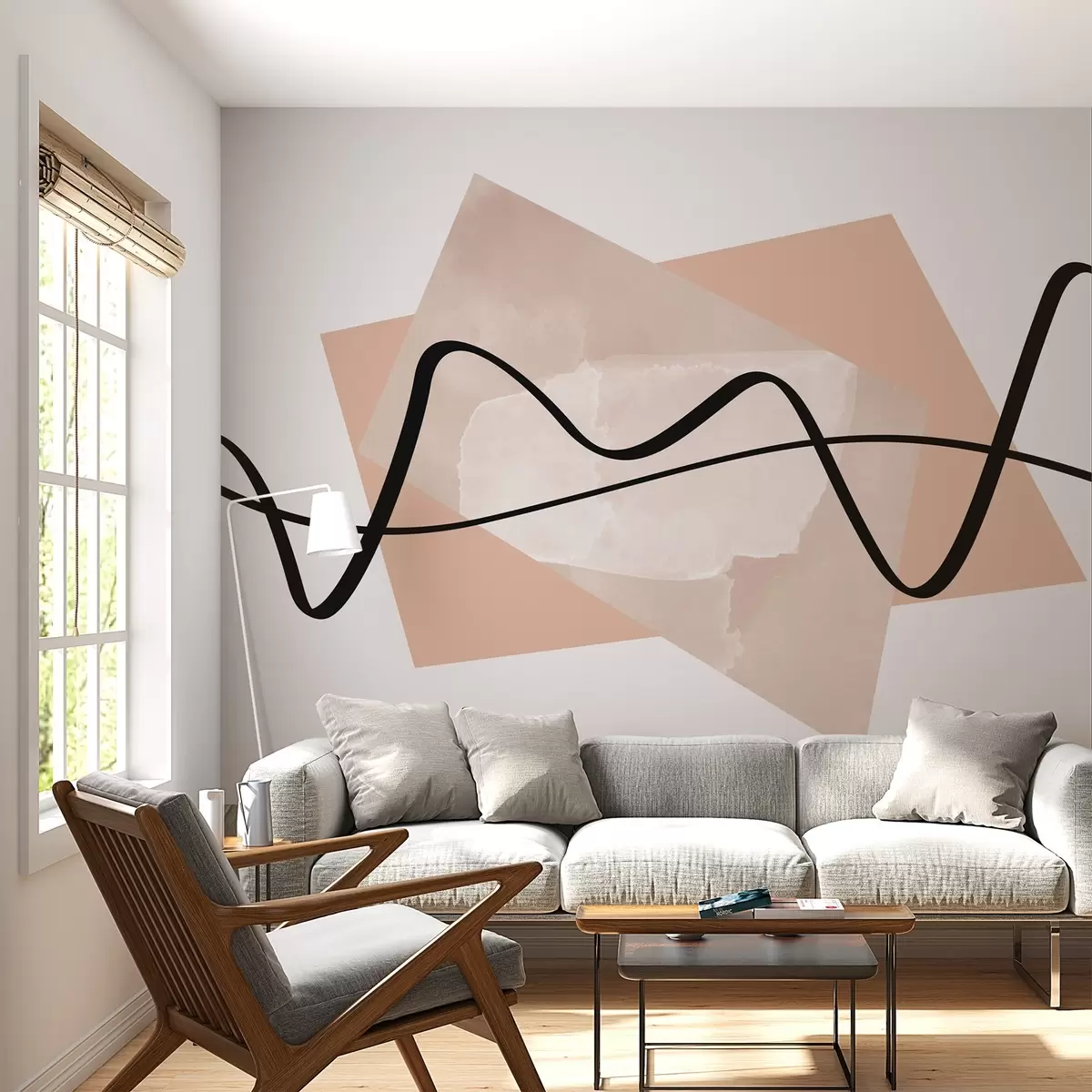 Fototapet Svarta linjer och beige former abstrakt w02377