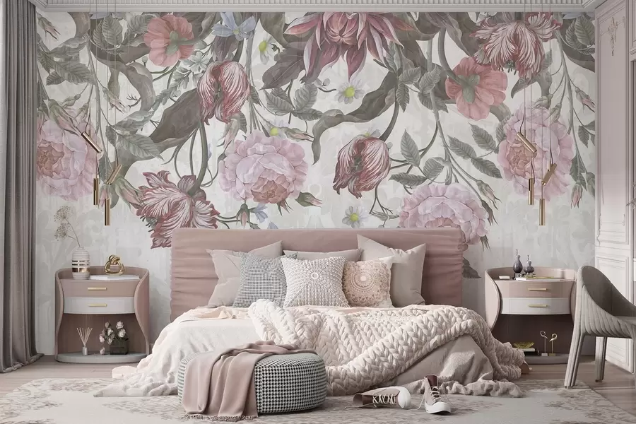 Fototapet Ett frodigt blomsterarrangemang med stora rosa och vita blommor, med gröna blad och stjälkar  w08435