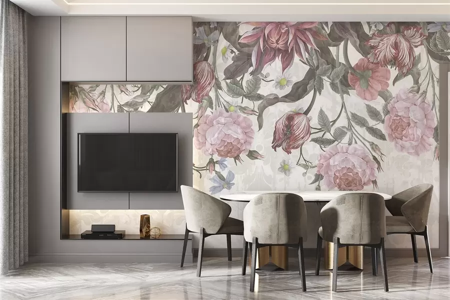 Fototapet Ett frodigt blomsterarrangemang med stora rosa och vita blommor, med gröna blad och stjälkar  w08435