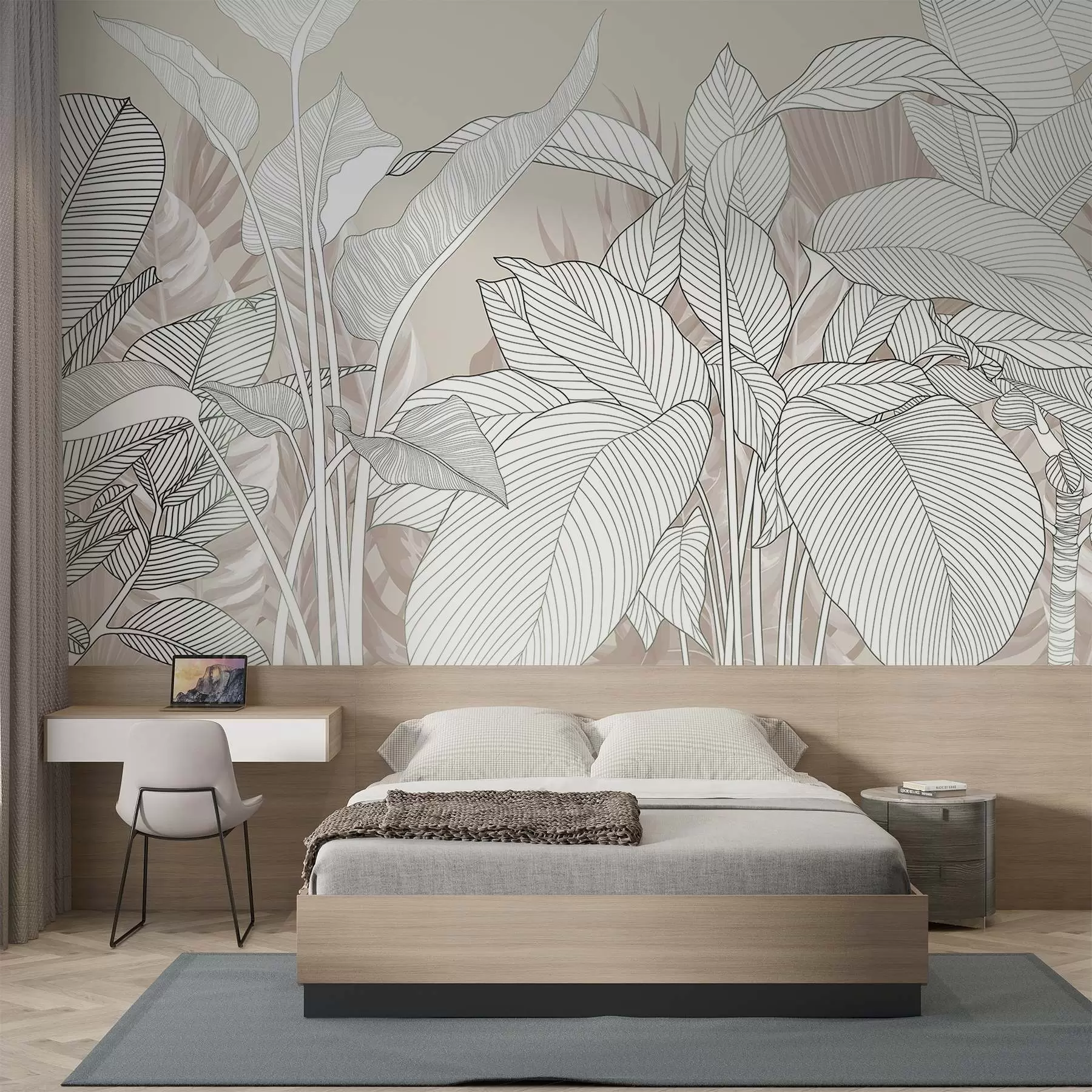 Fototapet En monokrom illustration med stora, stiliserade blad och bladverk med intrikata linjemönster och texturer w08436v1