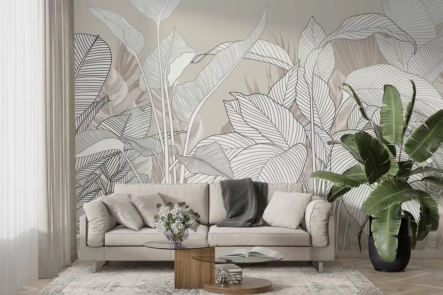 Fototapet En monokrom illustration med stora, stiliserade blad och bladverk med intrikata linjemönster och texturer w08436v1