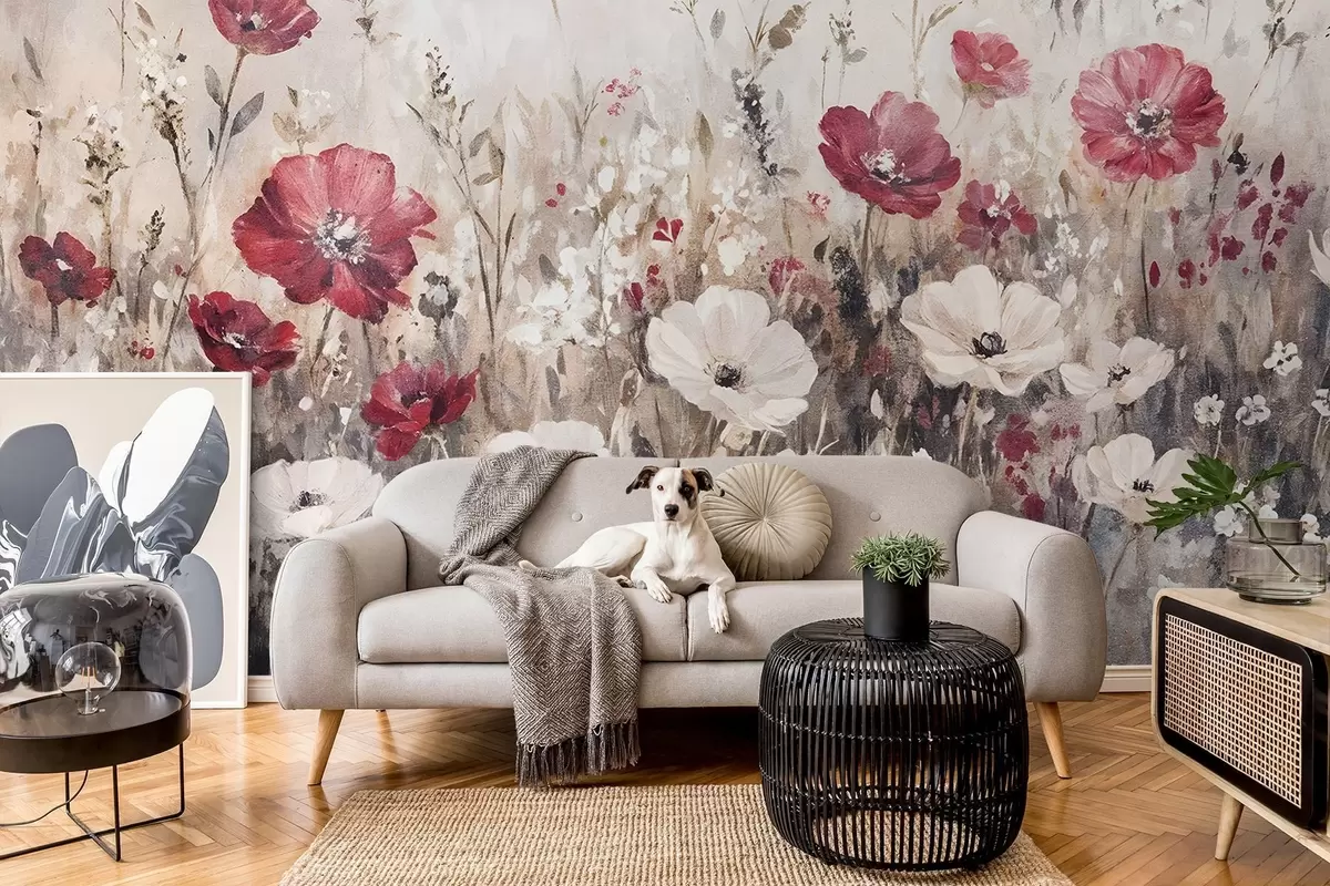 Fototapet Ett fält med livfulla röda och vita blommor mot en mjuk, disig bakgrund i oljemålningsstil w08438