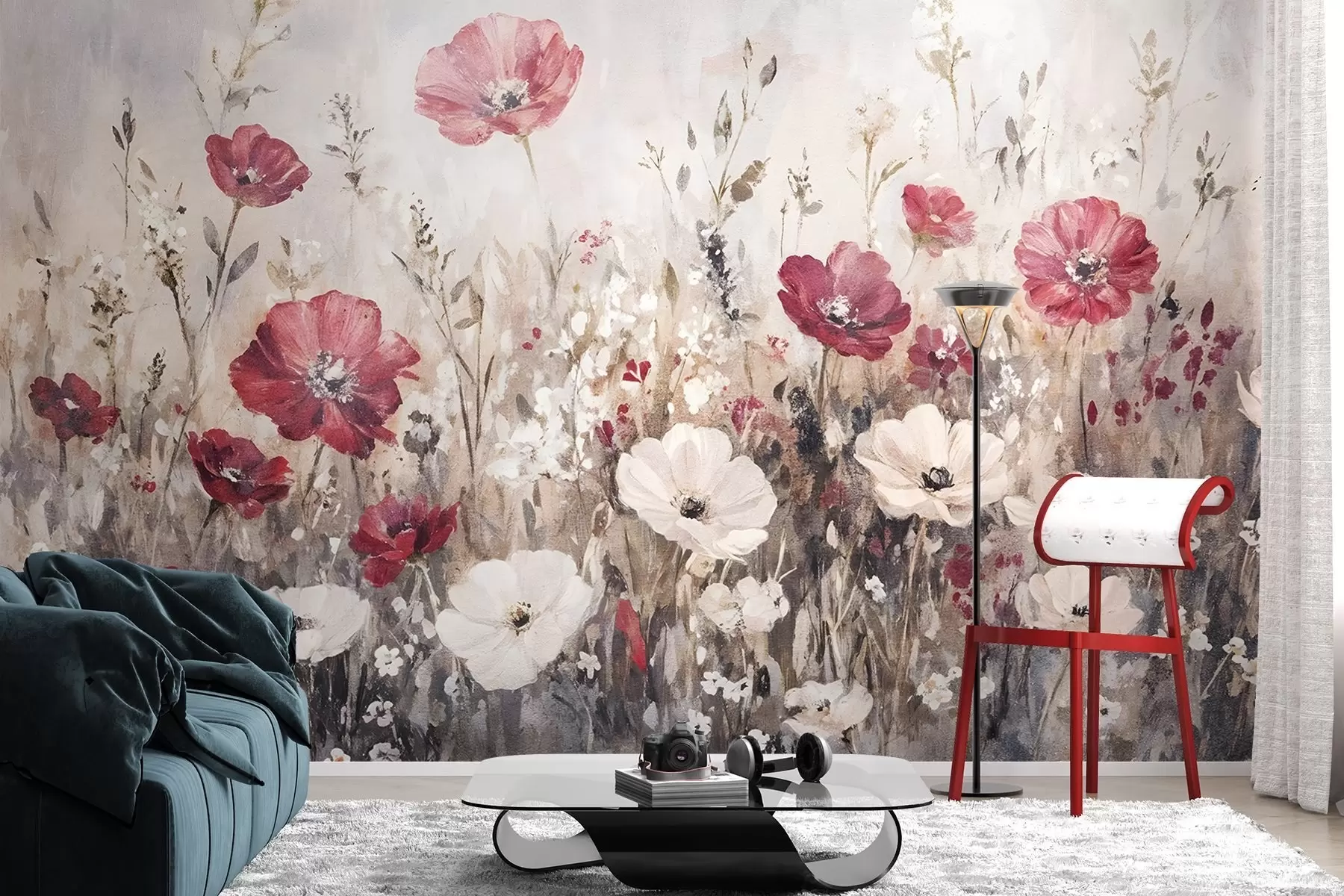 Fototapet Ett fält med livfulla röda och vita blommor mot en mjuk, disig bakgrund i oljemålningsstil w08438