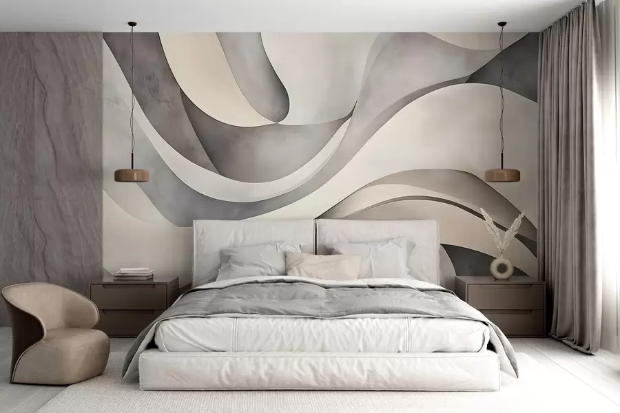 Fototapet Vita, beige och grå böjda former som skapar ett abstrakt, texturellt, modernt och minimalistiskt tryck  w08439