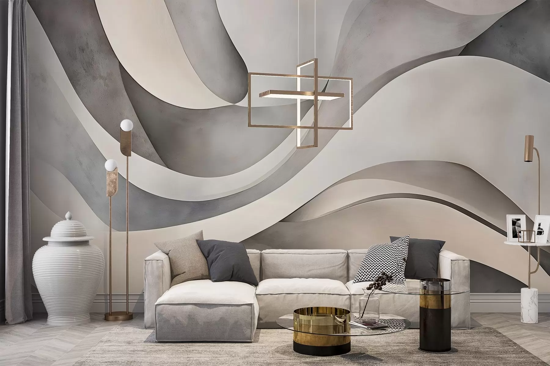Fototapet Vita, beige och grå böjda former som skapar ett abstrakt, texturellt, modernt och minimalistiskt tryck  w08439