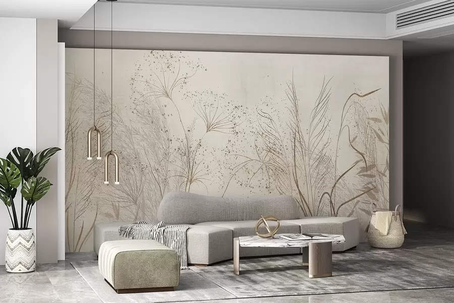 Fototapet En monokrom illustration av olika beige växter och spikelets med fina, skira linjer och texturer  w08441