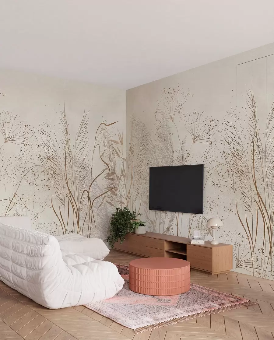 Fototapet En monokrom illustration av olika beige växter och spikelets med fina, skira linjer och texturer  w08441