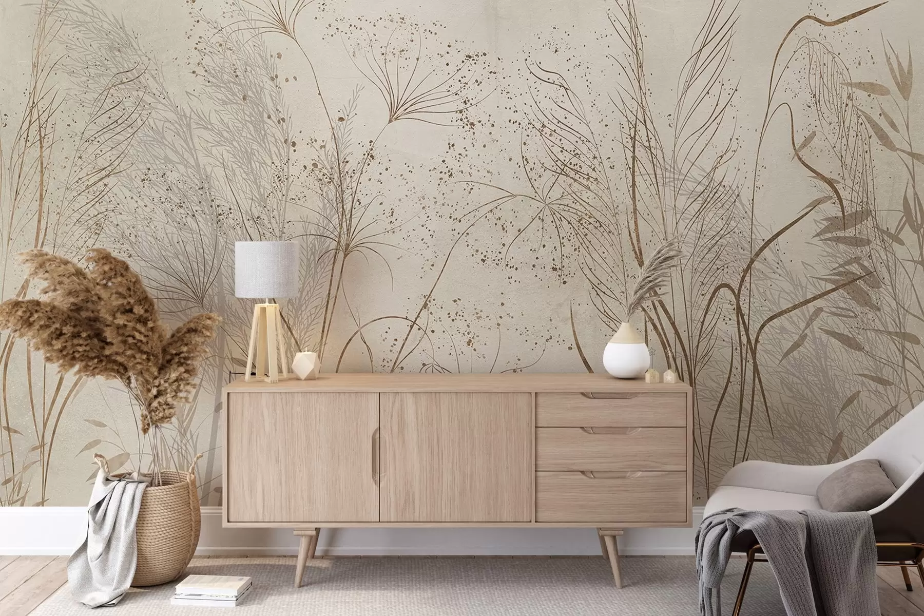 Fototapet En monokrom illustration av olika beige växter och spikelets med fina, skira linjer och texturer  w08441