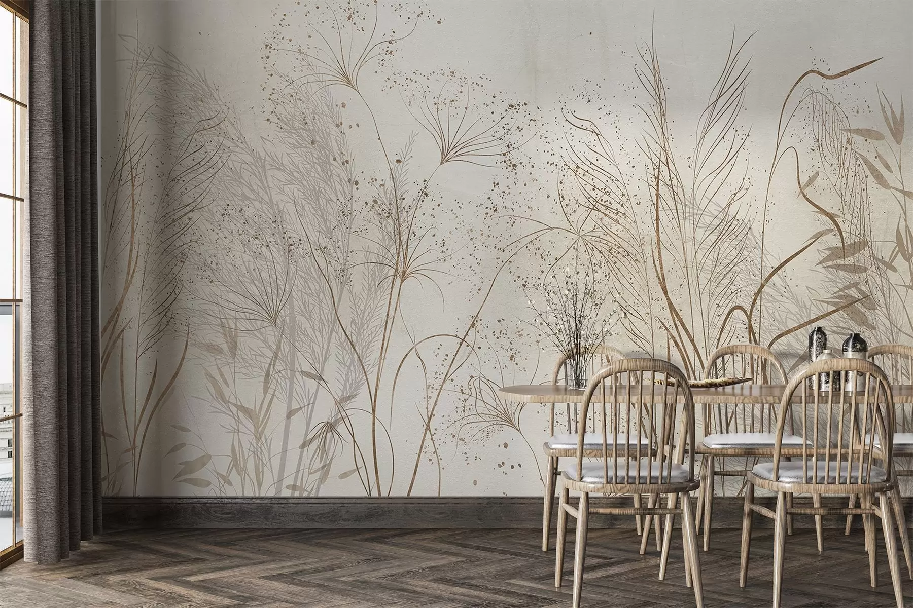 Fototapet En monokrom illustration av olika beige växter och spikelets med fina, skira linjer och texturer  w08441