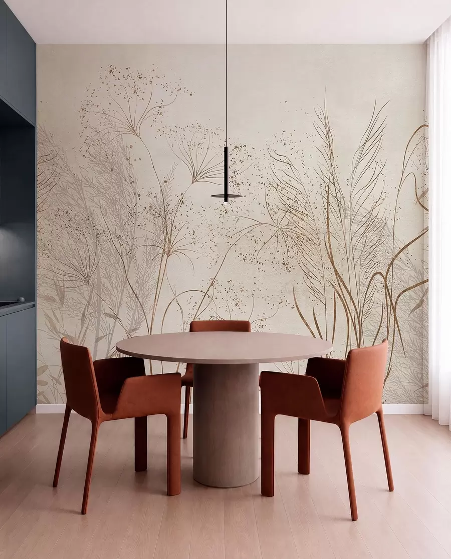 Fototapet En monokrom illustration av olika beige växter och spikelets med fina, skira linjer och texturer  w08441