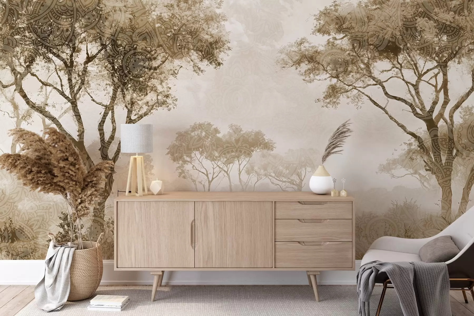 Fototapet Ett dimmigt, fridfullt landskap med träd i siluett i förgrunden och mjuk dimma i nyanser av brunt och beige w08442v2