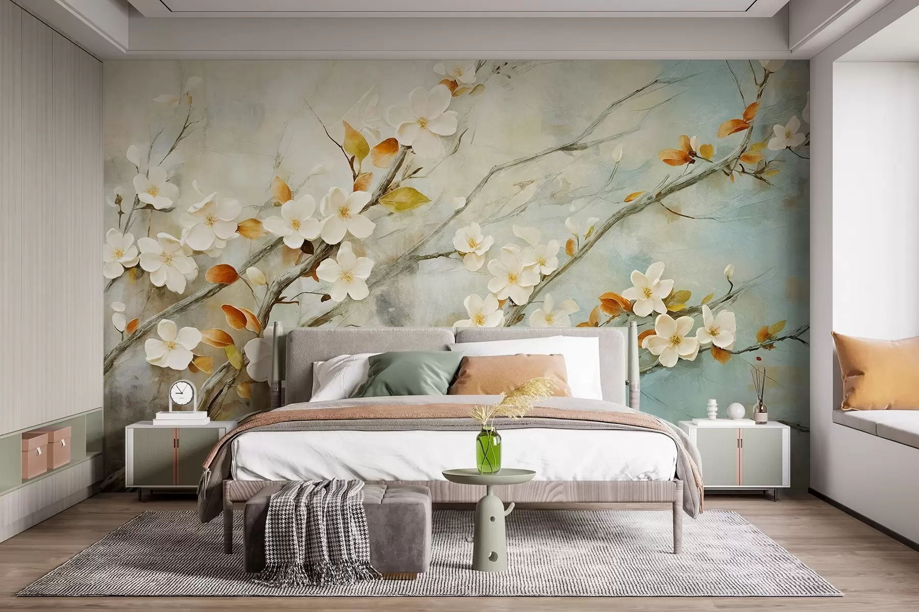 Fototapet Vita körsbärsblommor på grenar mot en mjuk blå och grön bakgrund i oljemålningsstil w08444